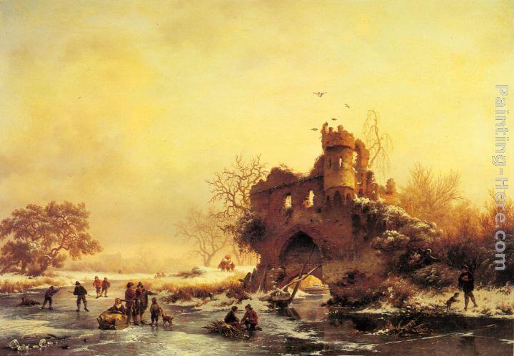 Frederik Marianus Kruseman Winter Landscape with Skaters on a Frozen River beside Castle Ruins